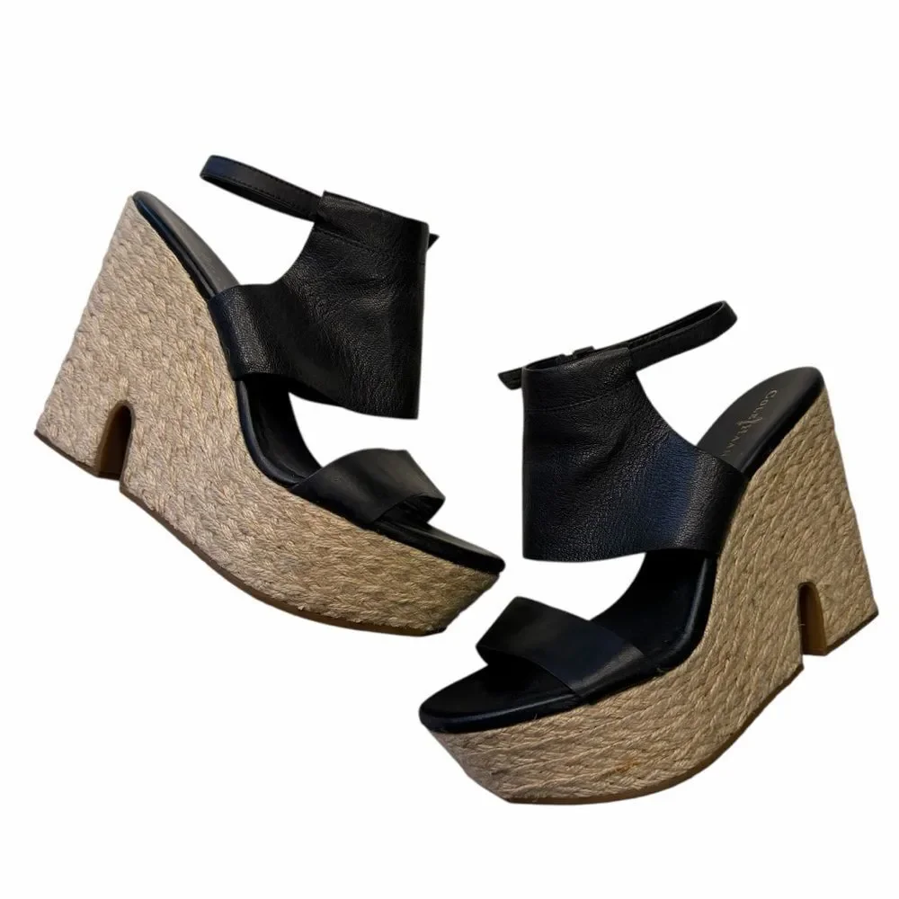 Cole Haan Black Ankle Strap Espadrille Wedges EUC size 8